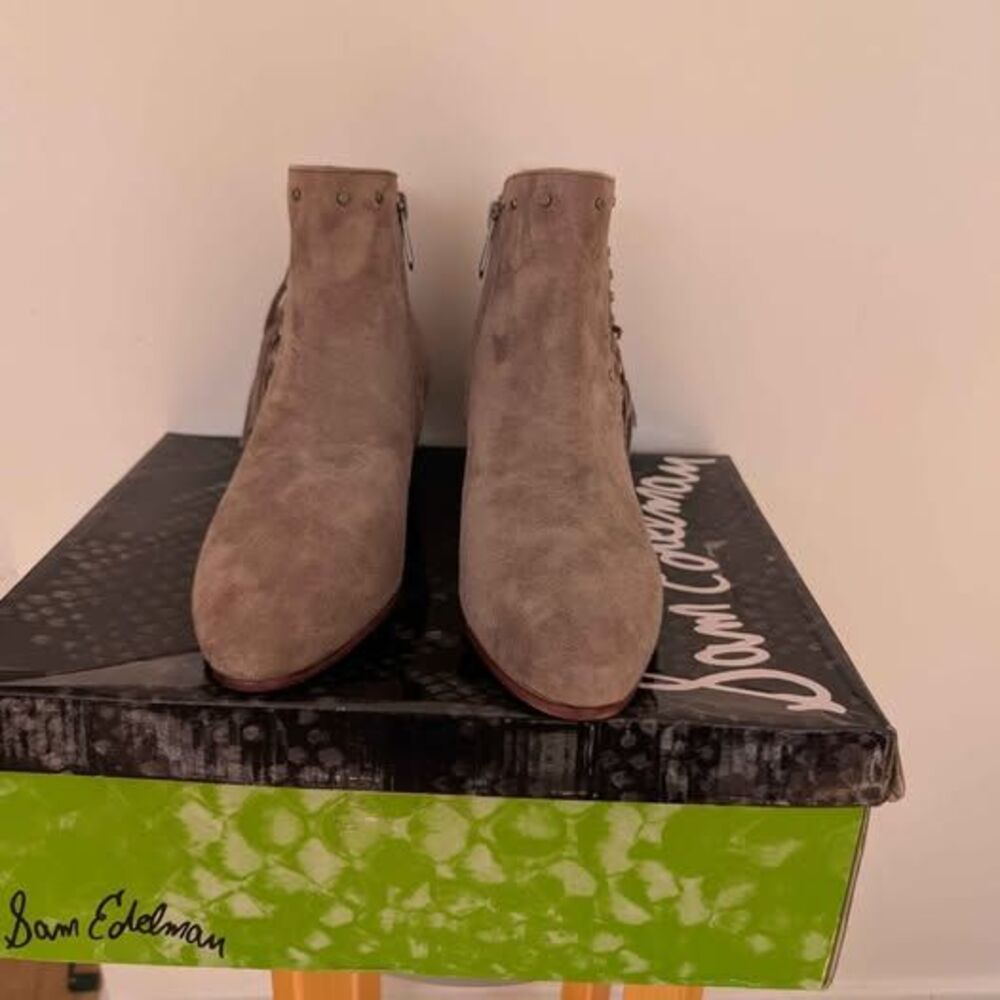 Sam Edelman Women's Rudie Studded Fringe Suede Bootie Grey Sz 6.5 M